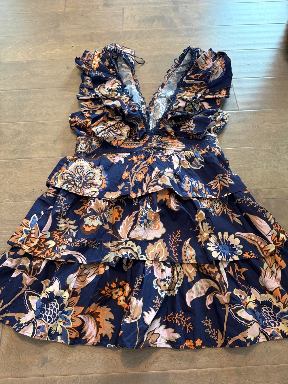 Anthropologie Navy Floral Ruffle Tiered Mini Dress with Pink and Orange Accents
